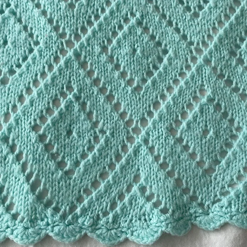 Handmade Baby Blanket Crocheted Throw Blue Mint Diamond Pattern Lightweight
